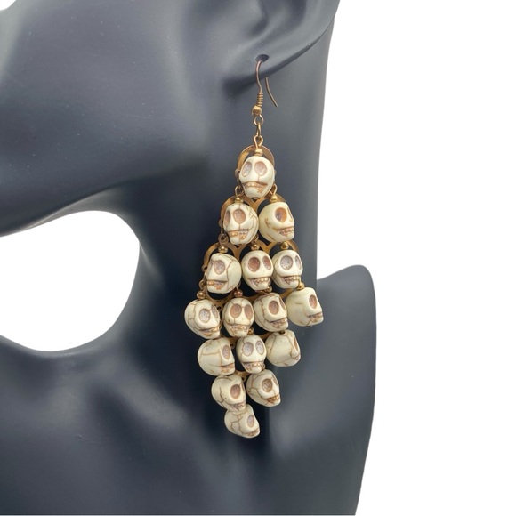 Howlite Stone Cascading Skull Chandler Statement Earrings - Picture 3 of 8